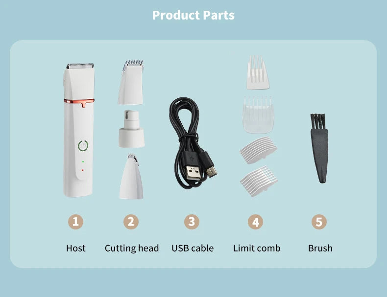 4-in-1 Pet Grooming Kit – Silent Hair Clipper & Nail Grinder, USB Rechargeable, Low Noise for Dogs & Cats